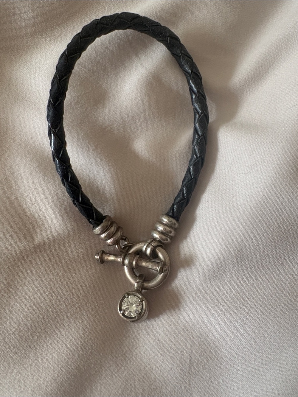 Black Braided Leather Bracelet with Silver Toggle and Crystal Charm